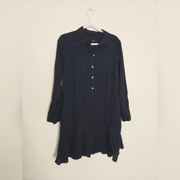 Talbots 100% Linen Navy Button-Up Shirt Dress double pocket flutter hem | Size M - Picture 1 of 5